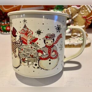 WORLD MARKET CHRISTMAS ENAMELWARE METAL MUG VINTAGE STYLE SNOWMAN TREE BELLS MCM